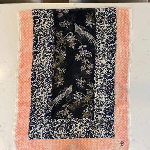 Tory Burch Inspired Lightweight Nature Print Viscose Blend Scarf Navy Peach OS - Picture 10 of 12